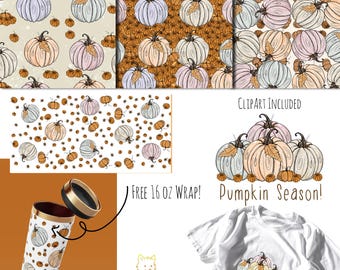Whimsical Pumpkin Seamless Pattern: Pastel Autumn Design (PNG & JPG) FREE 16oz Wrap and Clipart Included!