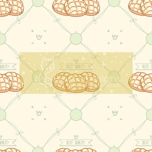 Può includere: Motivo ripetuto con illustrazioni di prodotti da forno, corone e un motivo a reticolo di diamanti. La tavolozza dei colori comprende tonalità di beige, marrone chiaro e verde. Il testo "Best Quality" è visualizzato su banner.