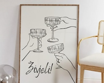 Zivjeli Poster | Balkan Toast Wall Art | Minimalist Wine Illustration | Ex-Yu Home Decor | Modern Line Art Gift