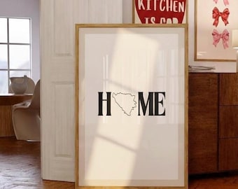 Pôster da Bósnia para CASA | Decoração de parede minimalista com o contorno da Bósnia | Presente para quem ama a Bósnia | Tipografia em preto e branco | Ideia de presente inspiradora