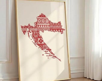 Croatia Map Poster – Hrvatski Vez Folk Embroidery Art, Red Croatian Folklore Wall Art, Balkan Heritage Print