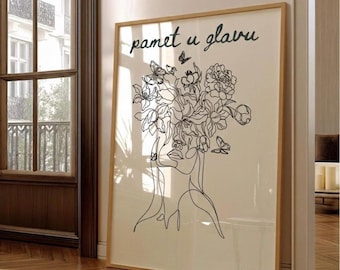 Pamet u glavu Poster – Balkan Line Art | Croatian Serbian Bosnian Wall Decor | Minimalist Face & Flower Illustration