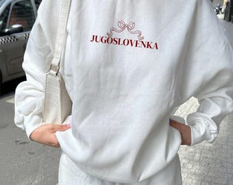White Oversized Sweatshirt "Jugoslovenska" | Unisex Heavy Fleece Pullover | Balkan Design | Gift Idea for Ex-Yu Fans | Christmas Gift