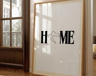 Pôster da Croácia para CASA | Decoração de parede minimalista com o contorno da Croácia | Presente da terra natal dos Balcãs | Arte tipográfica em preto e branco |