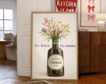 Pelinkovac Art Print with Wildflowers – Balkan Wall Art, Watercolor Bottle Illustration, Gift for Liquor Lovers