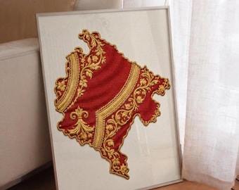 Montenegro Map Poster, Balkan Folk Art Print, Crnogorski Vez Inspired Wall Art, Montenegro Decor, Balkan Heritage Gift