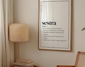 SESTRA Definition Poster – Kroatisk väggkonst | Vacker typografiposter | Present till syster, födelsedag och julklapp