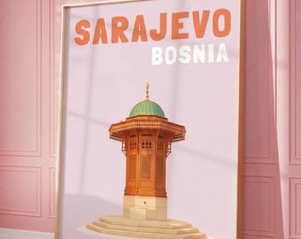 Sarajevo Bosnia Poster, Baščaršija Sebilj Print, Bosnia Poster, Balkan Wall Art, Sarajevo Decor, Bosnia Herzegovina Gift, Minimal Travel