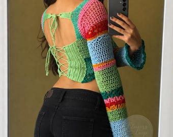 Crochet Crop Top Pattern, Long Sleeve Lace-Up Back Sweater Tutorial (PDF Download)