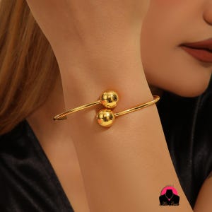 Adjustable 18K Gold Plated Cuff Bracelet Minimalist Open Bangle with Double Beads Elegant Adjustable Gold Jewelry Gift