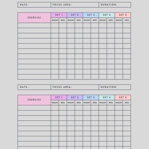 Workout Planner Printable: Fitness Log with Date, Focus, Duration and Sets, Exercise Tracker PDF