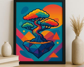 Bonsái arcoíris pop art imprimible, arte mural prismático vibrante, póster de descarga digital