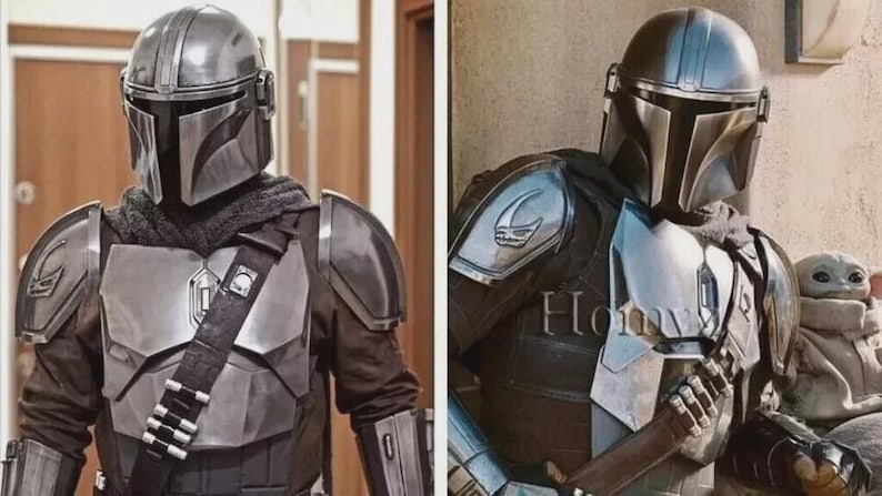 May include: A detailed costume of the Mandalorian, featuring a silver helmet, chest plate, and shoulder armor. The outfit includes a dark undersuit and a strap across the chest. The overall design is metallic and futuristic, inspired by the Star Wars series.