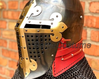 Bascinete medieval, casco con cruz de latón y cota de malla / Armadura acolchada de acero dulce de calibre 18 para SCA y LARP