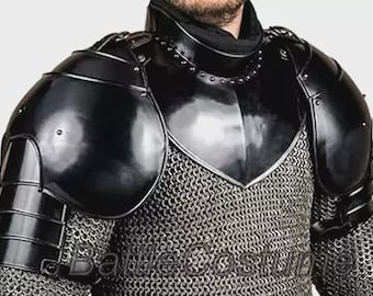 Blackened Medieval Knight Pauldrons with Gorget – Steel Shoulder Armor Set