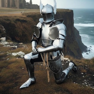 K&ouml;nnte beinhalten: Eine vollst&auml;ndige mittelalterliche R&uuml;stung in Silber, einschlie&szlig;lich eines Helms mit fl&uuml;gelartigen Akzenten, kniend auf einer grasbewachsenen Klippe mit Blick auf das Meer. Die R&uuml;stung ist sehr detailliert, mit beweglichen Gelenken und Schutzplatten. Der Text "Battle Costume" ist sichtbar.