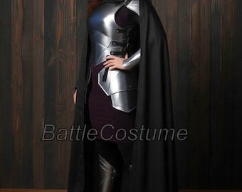 Women's Medieval Steel Full Body Armor with Black Cloak | Female Knight LARP SCA Cosplay And Reenactment Costume