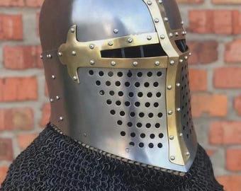 Medieval Barbute Knight Helmet – 18 Gauge Steel Armor with Chain Mail for LARP & Reenactment