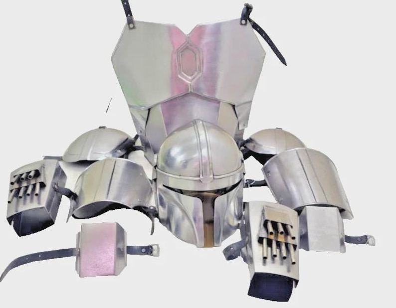 May include: A complete set of silver-colored armor, including a helmet, chest plate, shoulder pads, and gauntlets. The armor is made of metal and features various straps and attachments. The helmet has a distinctive T-shaped visor. The set is designed for cosplay or display.