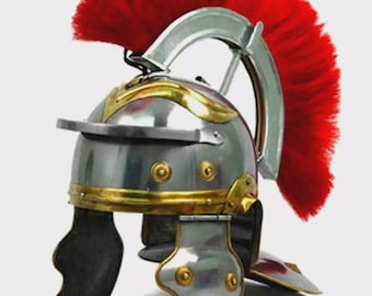 Casco de centurión romano medieval / Armadura de acero hecha a mano con penacho rojo para LARP y exhibición