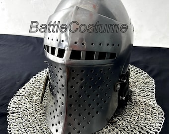 Medieval Bascinet Visor Helmet With Chainmail Avaintel | 18GA Mild Steel Padded Armor for SCA & LARP And Cosplay Prop