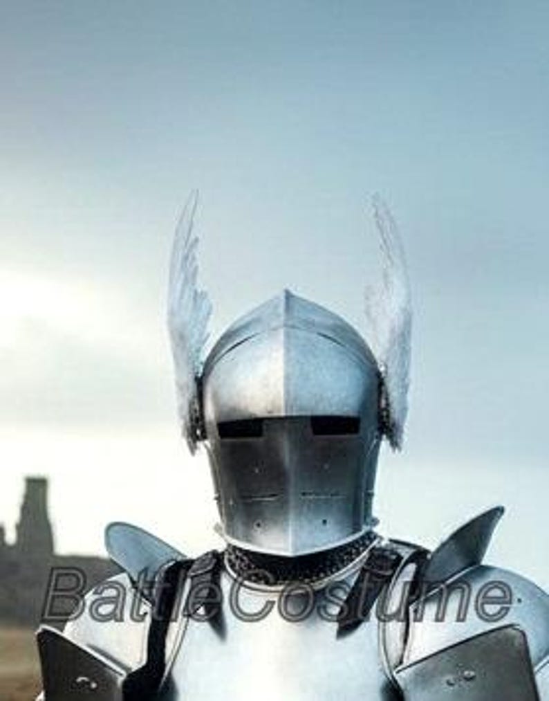 K&ouml;nnte beinhalten: Nahaufnahme eines silbernen Ritterhelms mit zwei gefiederten Verzierungen. Der Helm ist Teil einer R&uuml;stung, mit sichtbaren Schulter- und Brustplatten. Der Hintergrund zeigt eine verschwommene Landschaft und den Text "Battle Costume".