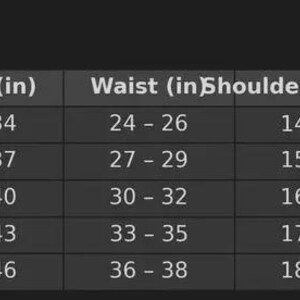 May include: A size chart with measurements for clothing sizes XS to XL. The chart includes chest, waist, shoulder width, and height range in inches. The chart is on a dark background.