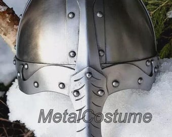 Casco medieval normando vikingo nórdico de calibre 18 / Réplica de armadura de acero hecha a mano para LARP y SCA