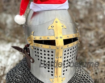 Bascinete medieval, casco cruzado de latón con cota de malla Avaintel / Armadura acolchada de acero dulce de calibre 18 para SCA, LARP y cosplay