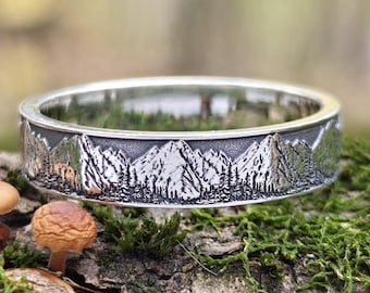 Mountain & Forest Landscape Ring – Sterling Silver Nature-Inspired Adventure Wedding Band
