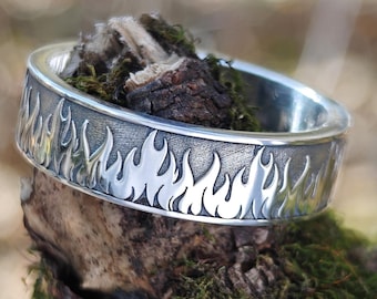 Unique Flame Ring 6mm – Men's Oxidized Sterling Silver Fire Wedding Band