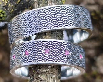 Japanese Wave Wedding Ring Set 6mm, Seigaiha Ocean Pattern Bands, Sterling Silver Couple Rings