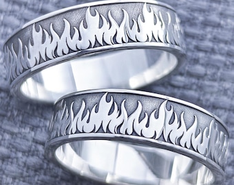 Silver Fire Wedding Ring Set – Solid Sterling Silver Flame Pattern Bands