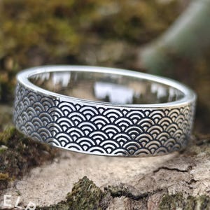 Obrączka ślubna Seigaiha Ocean Pattern Silver, męska, japońska fala, 6 mm