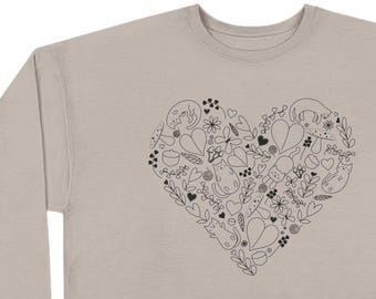 Cottagecore Cat Sweatshirt - Black Line Art Floral Kitten Crewneck