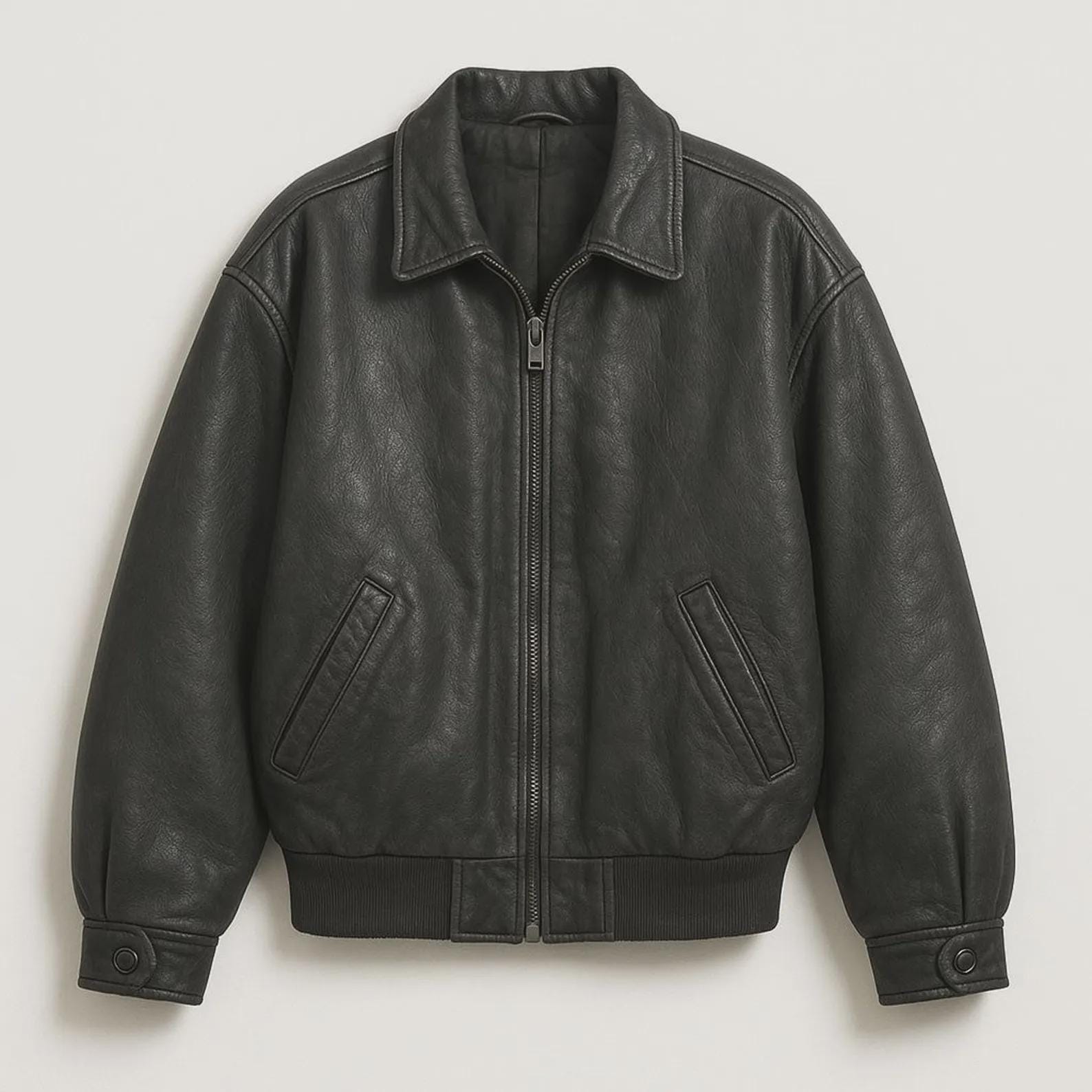 90s Vintage Black Leather Bomber Jacket: Real Sheepskin Outerwear