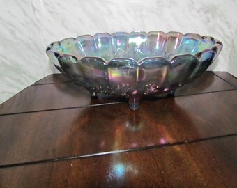 Vintage Jeannette Carnival Glass Blue Green Footed Fruit Bowl Home decor