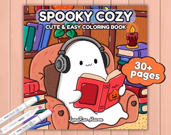 Spooky Cozy Coloring Book, Cute Creepy Creatures in Cozy Hygge Moments Digital Coloring 30+ Pages, Instant Download PDF, Relaxing Comfy