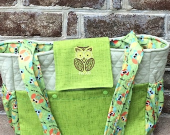 Owl Diaper Bag complete with matching changing pad, wipes case and wet bag.