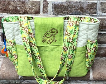 Delightful Handmade Monkey Diaper bag complete with changing pad, wipes cover and wet bag.