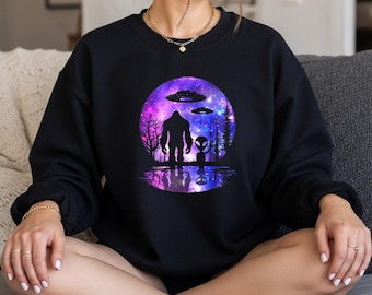 Alien And Bigfoot Full Moon Sasquatch UFO Sublimation PNG | Digital Download | Clipart for T-Shirts, Mugs, Tumblers