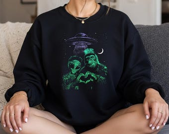 Bigfoot And Alien Funny Sasquatch Love Hand Sign Sublimation PNG | Digital Download | Clipart for T-Shirts, Mugs, Tumblers