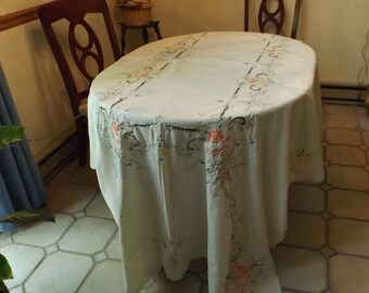 Sale 82" Huge tablecloth with beautiful embroidery and crocheting. Rectangular 65" x  82" Big family. Banquet, wedding.Gift