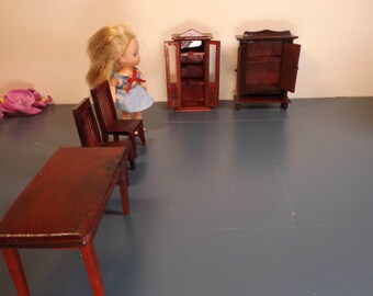 Doll house wooden furniture. Set of dinner table (2 1/4"H x 3 3/4" x 2") with 2 matching chairs, bookcase , cabinet . Sturdy. gift idea