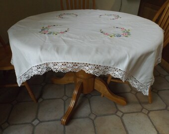 46" x 46",Delightful square embroidered with lace trim tablecloth,white floral . Wedding Gift idea Home decor