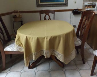 Large cotton blend tablecloth with lace trim. 68"x52"/ 173 cm mustard Private collection Big family Banquet wedding New old stock. Gift idea