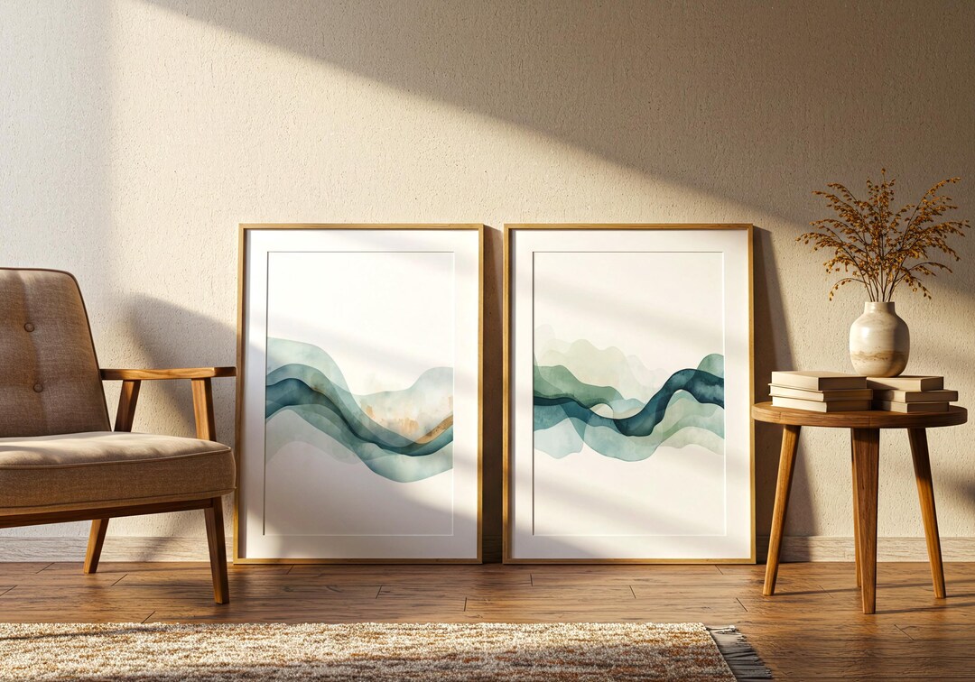 Abstract Ocean Wave Wall Art Print - Set of 4, Blue Green Coastal ...