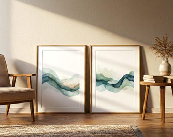 Abstrakte Ozeanwelle Kunst-Druck - 4er-Set, blau grüne Küstenlandschaft Poster, minimalistisches modernes Boho Dekor, digitaler Download Kunstwerk