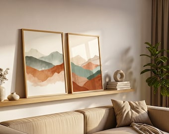 Abstract Mountain Landscape Wall Art Print - Set of 2 Terracotta and Sage Green Poster, Minimalist Boho Nature Decor, Vintage Art Print