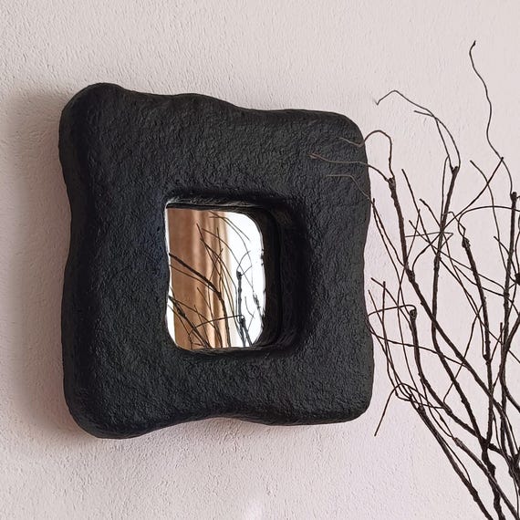 Organic Mirror, Black Wabi Sabi Wall Decor, Sculptural Wall Art Textured